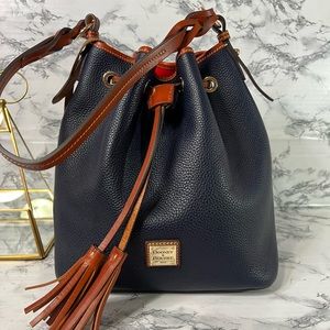 EUC DOONEY & BOURKE  BLUE LEATHER BUCKET BAG, TASSEL,BROWN STRAP,RED LINING